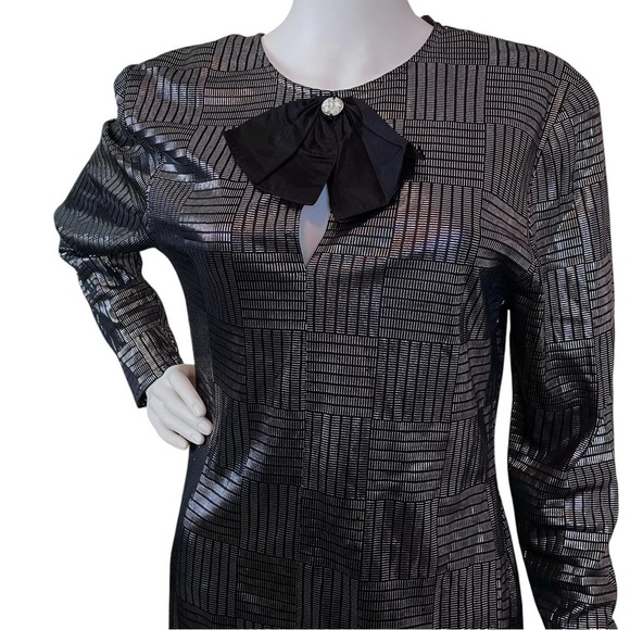 Vtg 80s Frances La Vie Italy Metallic Checkered Lame Bow Evening Dress Silver 10 - Picture 3 of 8